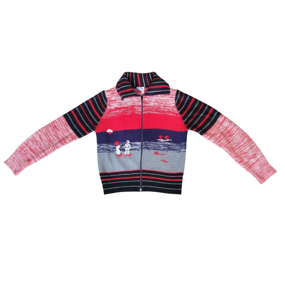 Vintage 1970s Space Dyed Cardigan Sweater Water Landscape Knit Womens Medium